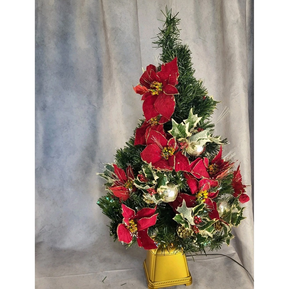 Vintage 32" Fiber Optic Red Poinsettia Christmas Tree Gold Base Target 2002